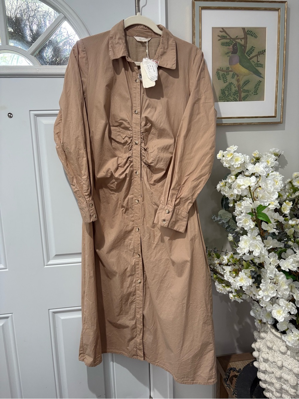 Long Sleeve Button-Front Shirtdress in Beige